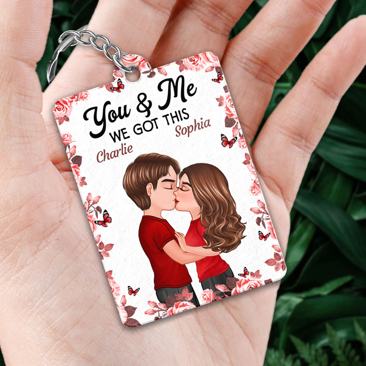 Rose Frame Doll Couple Kissing Favorite Song QR Code Personalized Acrylic Keychain - Image 2