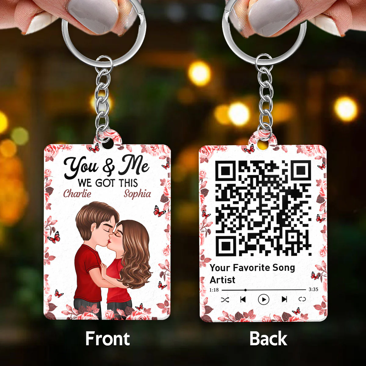 Rose Frame Doll Couple Kissing Favorite Song QR Code Personalized Acrylic Keychain - Image 3