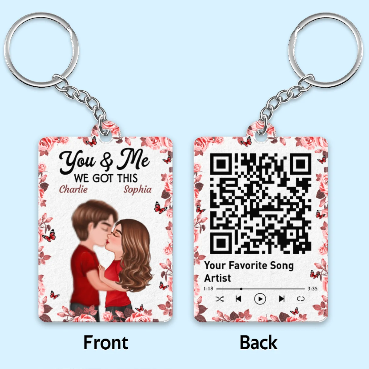 Rose Frame Doll Couple Kissing Favorite Song QR Code Personalized Acrylic Keychain - Image 4