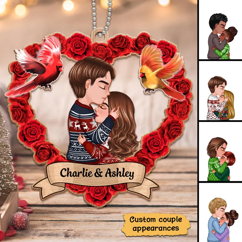 Rose Heart Couple Personalized Christmas Wooden Ornament - Image 3