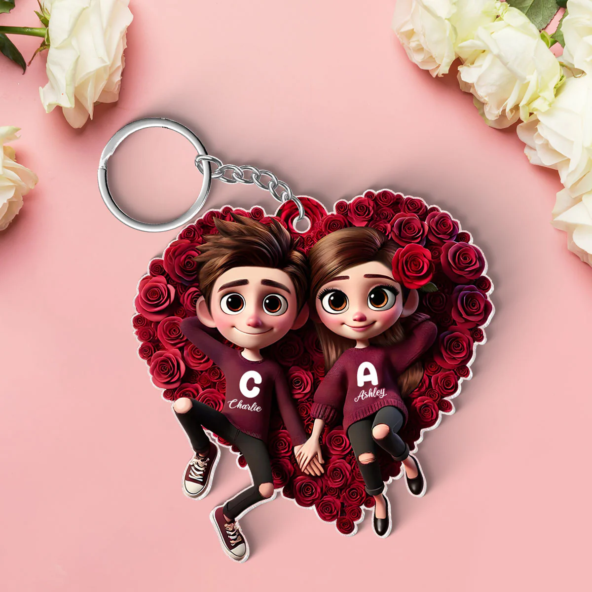 Rose Heart Couple Personalized Acrylic Keychain, Gift for her, Gift for him