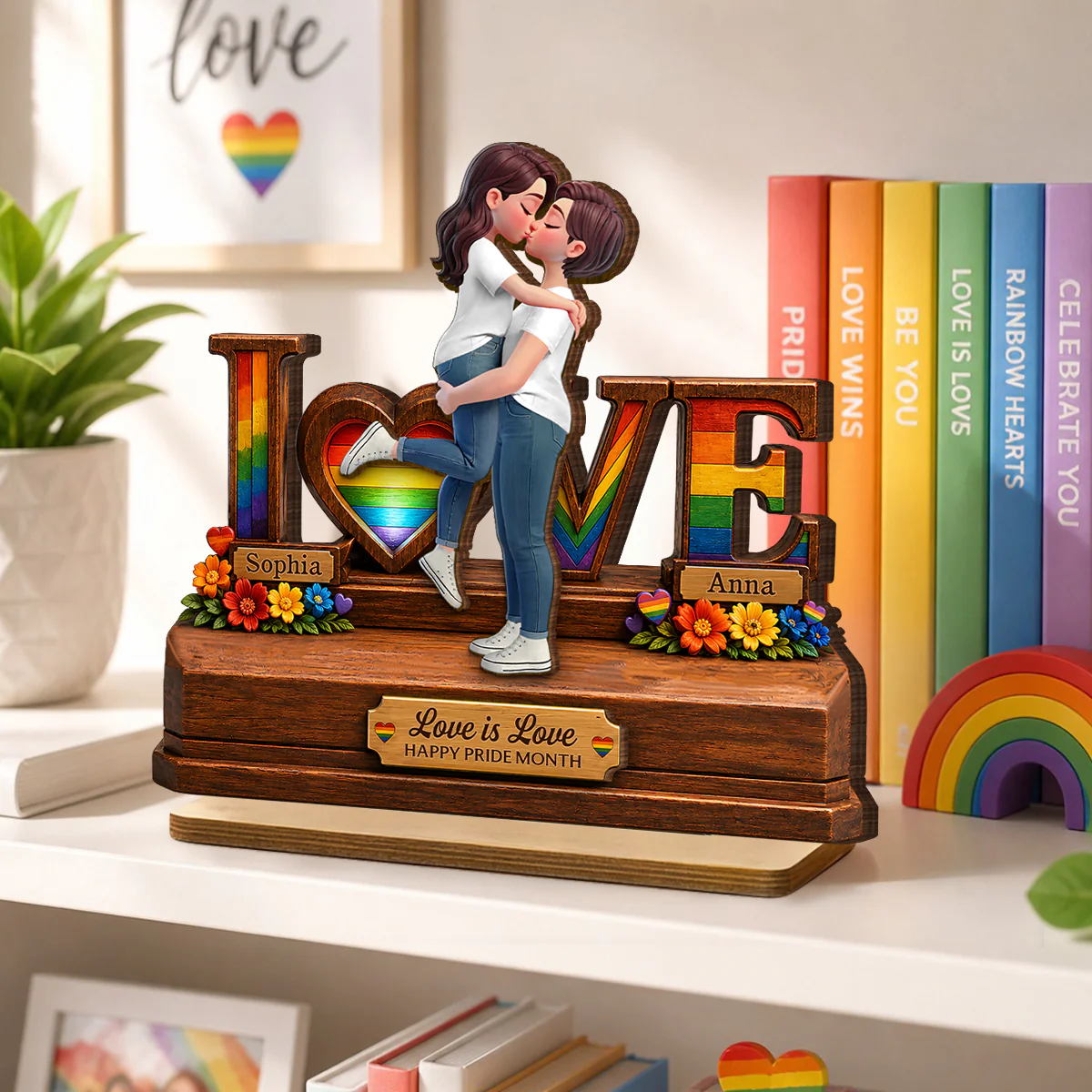 Rose Love LGBT+ Couple - Personalized 2-Layered Wooden Plaque - Gift For Couple, Happy Pride Month - Image 2