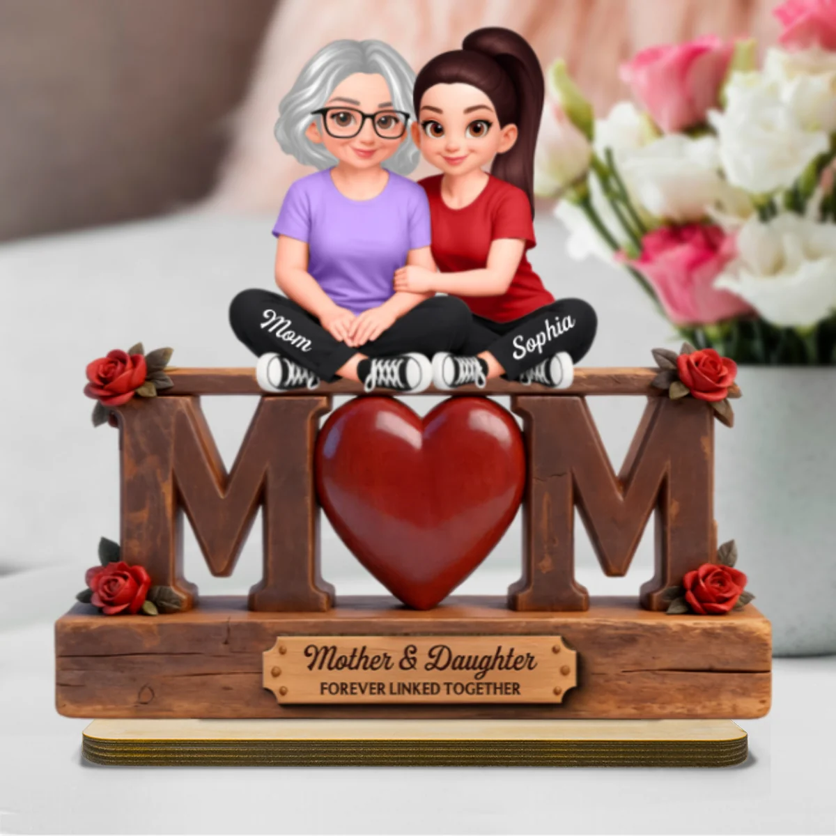 Rose MOM And Daughter Forever Linked Together - Personalized 2-Layered Wooden Plaque - Gift For Mom - Image 10
