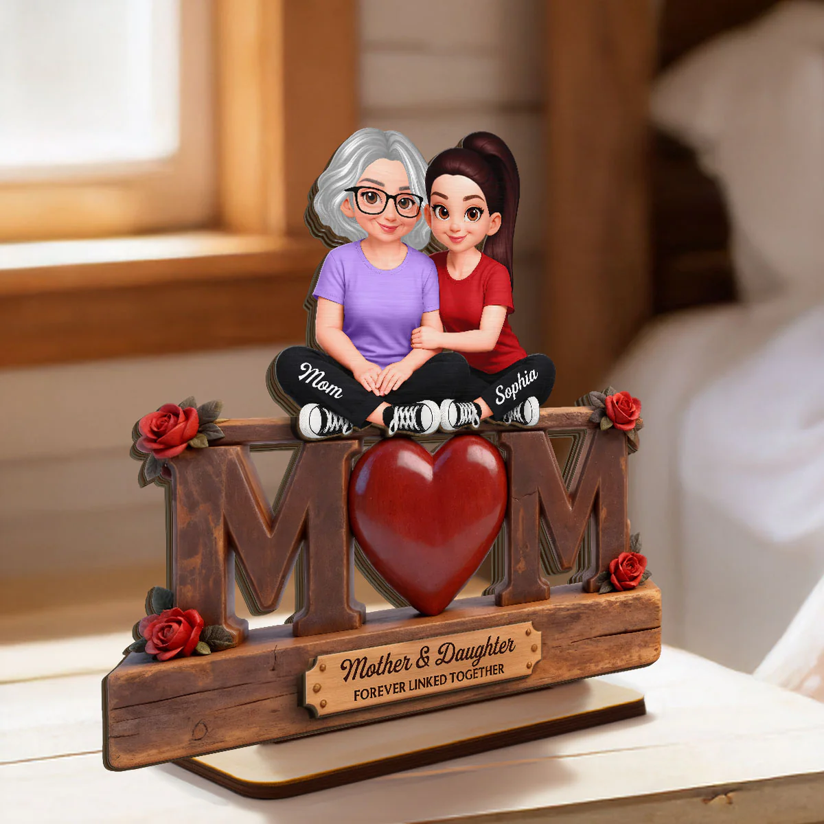 Rose MOM And Daughter Forever Linked Together - Personalized 2-Layered Wooden Plaque - Gift For Mom - Image 2