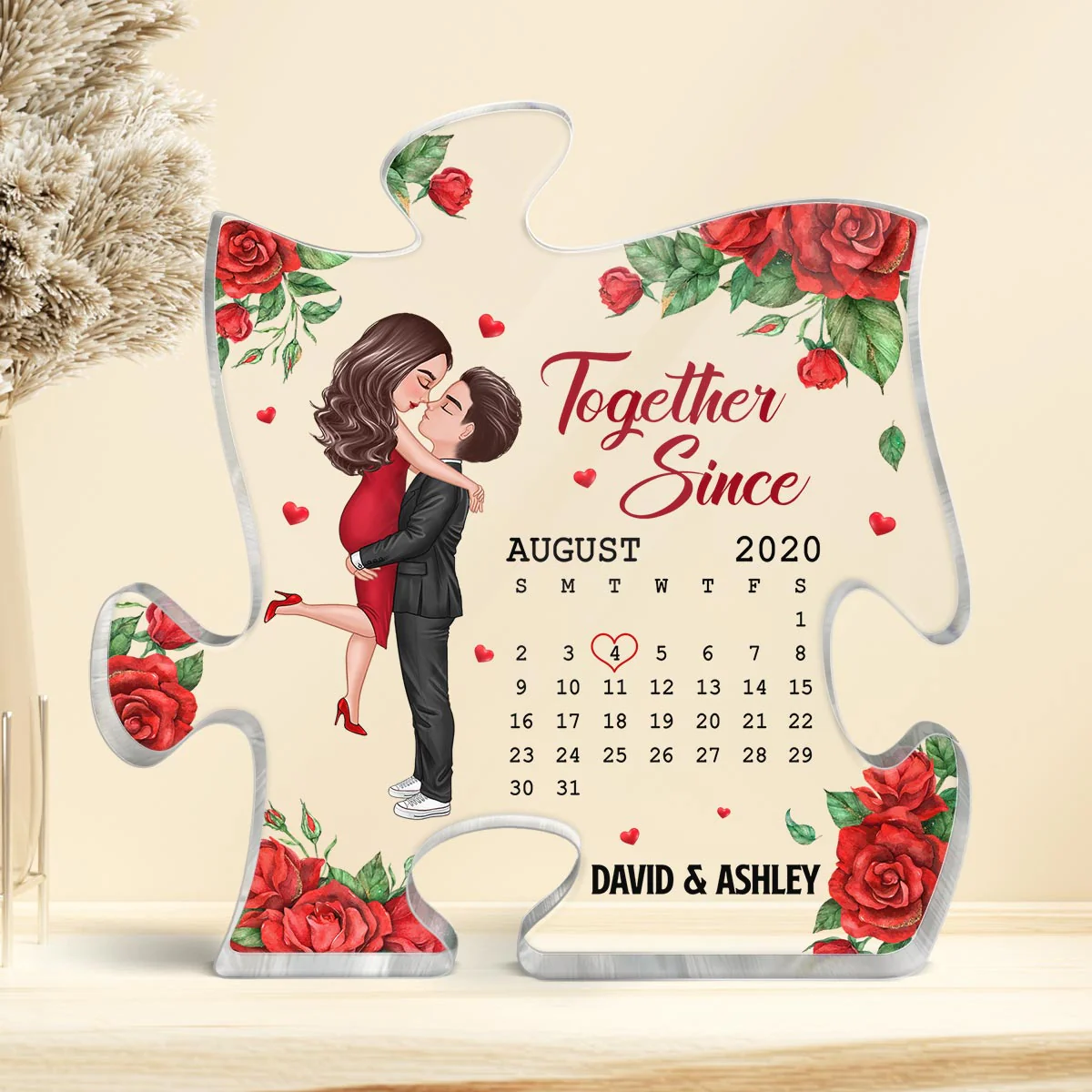 Rose Pattern Doll Couple Hugging Kissing Calendar Anniversary Date Gift For Him For Her Personalized Puzzle Acrylic Plaque