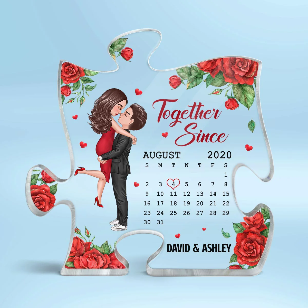 Rose Pattern Doll Couple Hugging Kissing Calendar Anniversary Date Gift For Him For Her Personalized Puzzle Acrylic Plaque - Image 2