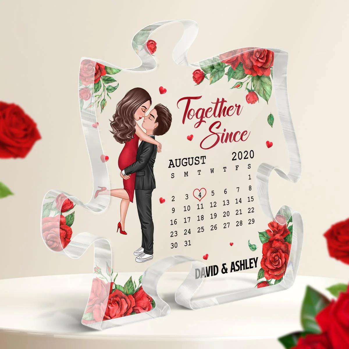 Rose Pattern Doll Couple Hugging Kissing Calendar Anniversary Date Gift For Him For Her Personalized Puzzle Acrylic Plaque - Image 3