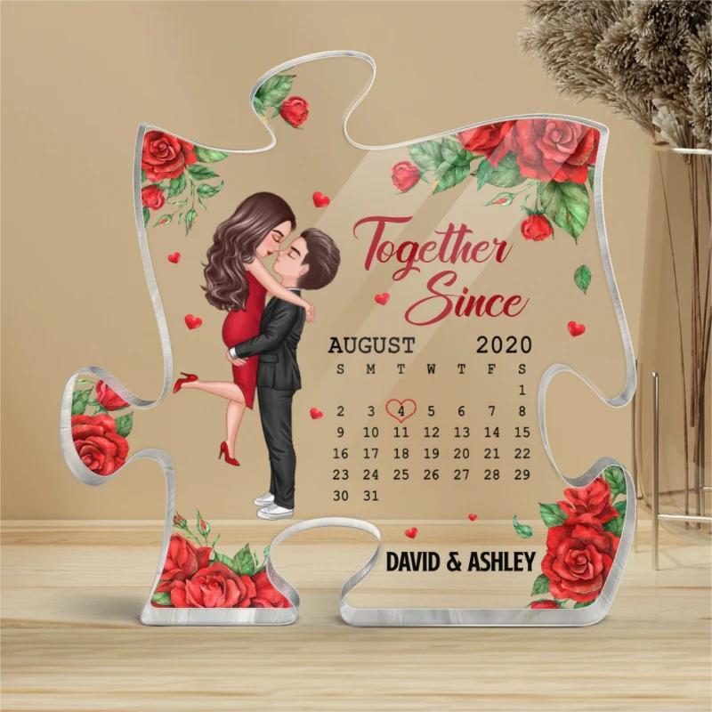 Rose Pattern Doll Couple Hugging Kissing Calendar Anniversary Date Gift For Him For Her Personalized Puzzle Acrylic Plaque - Image 4
