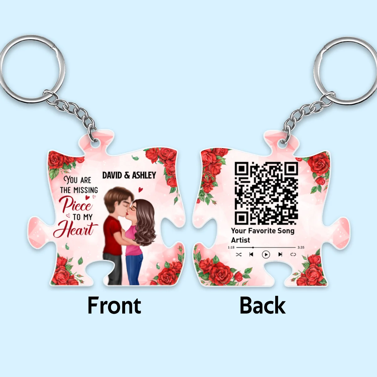 Rose Pattern Doll Couple Kissing Favorite Song Scannable QR Code Personalized Acrylic Keychain - Image 4