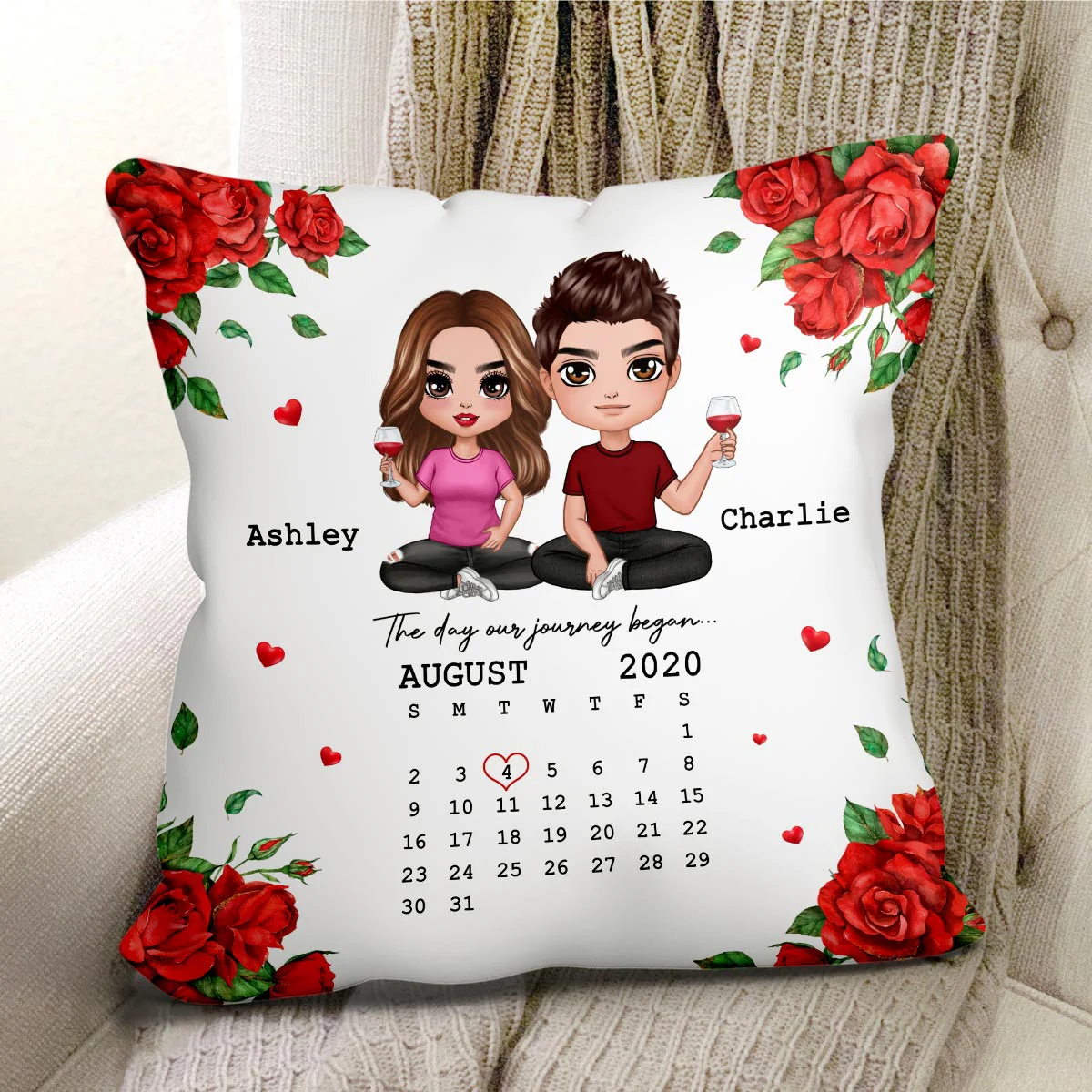 Rose Pattern Doll Couple Sitting Calendar Anniversary Date Personalized Pillow - Image 2