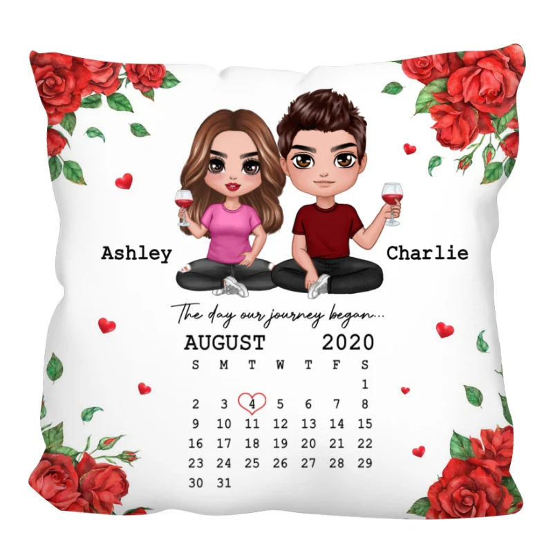 Rose Pattern Doll Couple Sitting Calendar Anniversary Date Personalized Pillow - Image 3