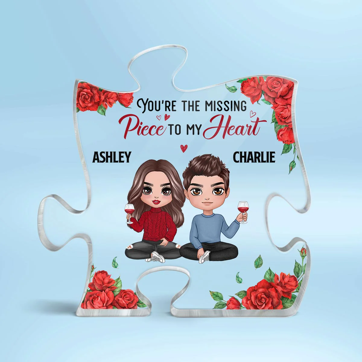 Rose Pattern Doll Couple Sitting Gift For Him For Her Personalized Puzzle Acrylic Plaque - Image 2