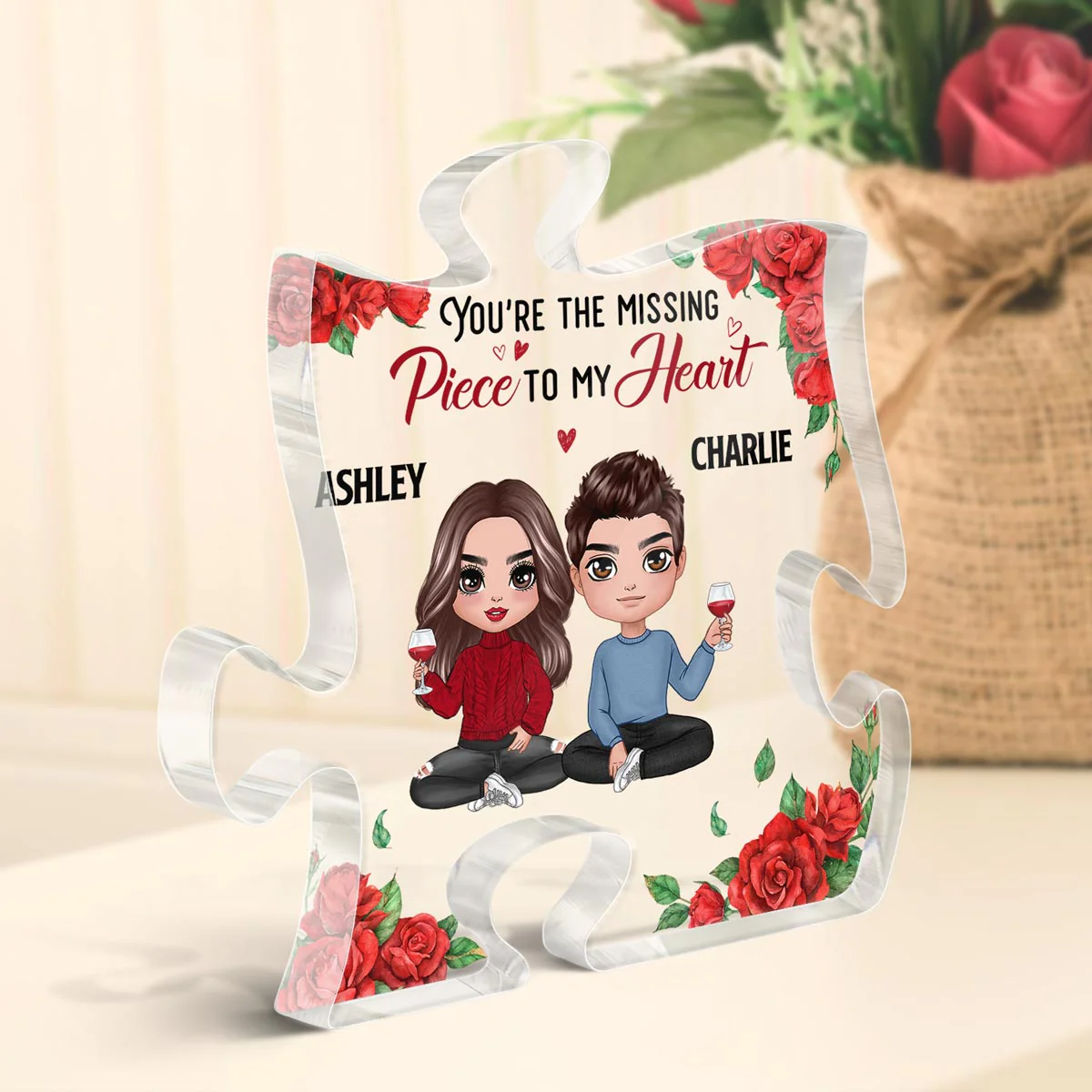 Rose Pattern Doll Couple Sitting Gift For Him For Her Personalized Puzzle Acrylic Plaque - Image 3