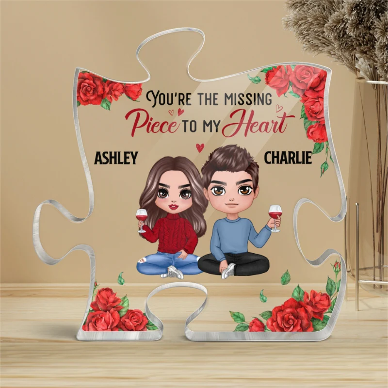 Rose Pattern Doll Couple Sitting Gift For Him For Her Personalized Puzzle Acrylic Plaque - Image 4