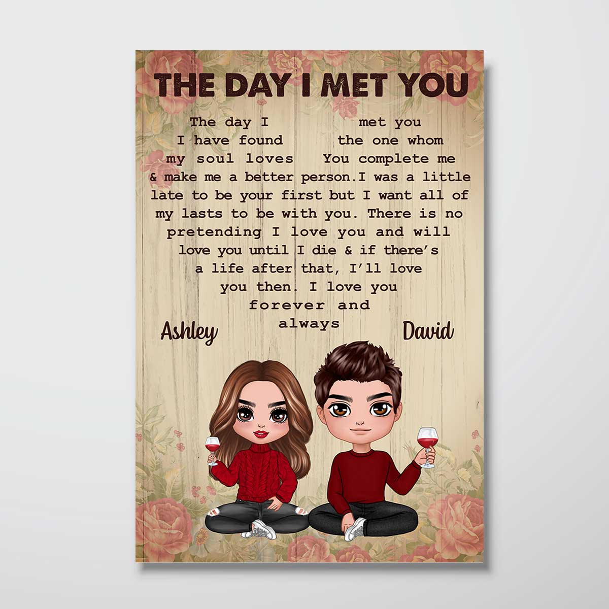 Rose Pattern Doll Couple Sitting The Day I Met You Gift For Him For Her Personalized Vertical Poster
