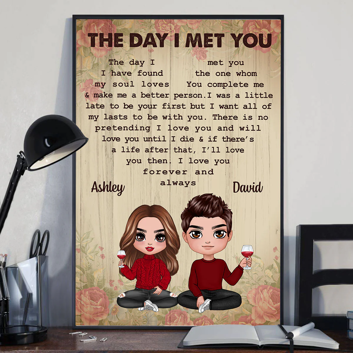 Rose Pattern Doll Couple Sitting The Day I Met You Gift For Him For Her Personalized Vertical Poster - Image 2