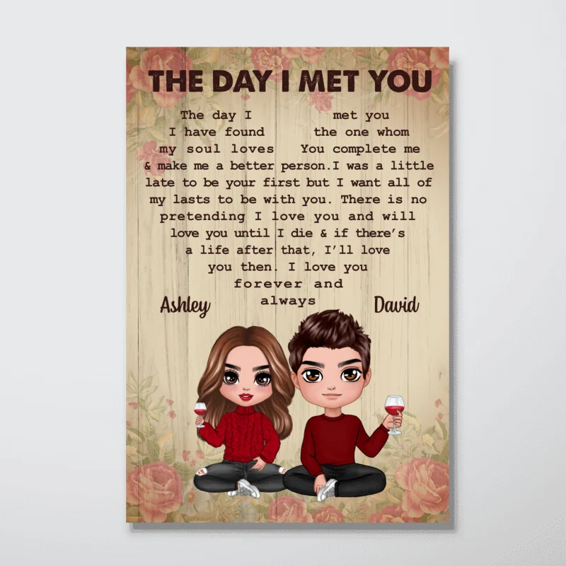 Rose Pattern Doll Couple Sitting The Day I Met You Gift For Him For Her Personalized Vertical Poster - Image 3