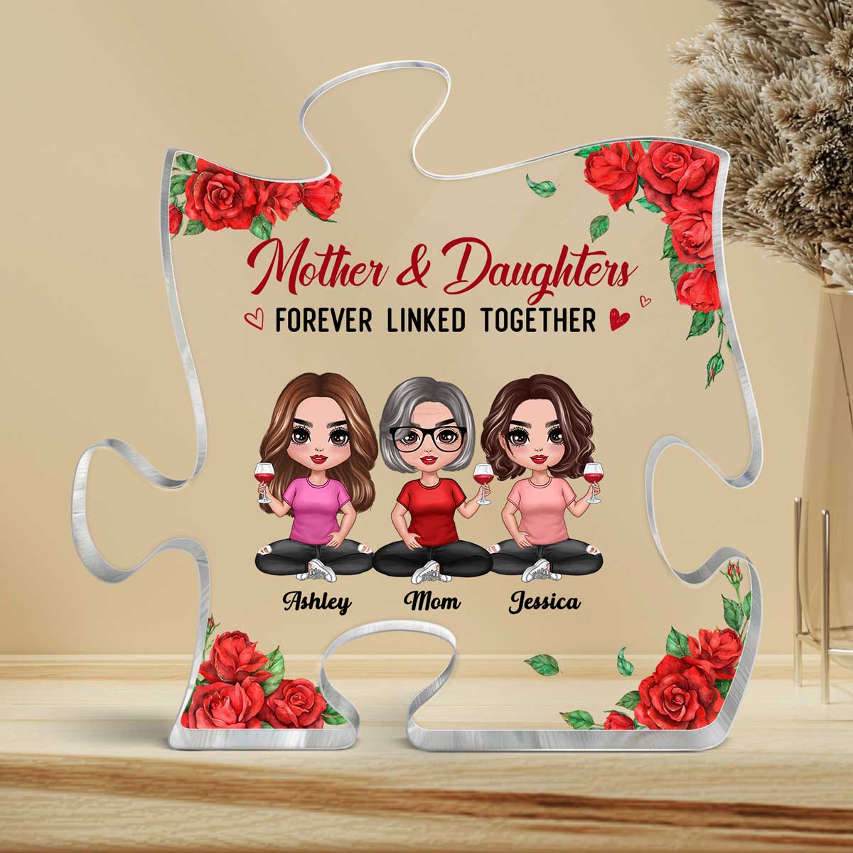 Rose Pattern Doll Mom And Daughters Sitting Gift For Mom Personalized Puzzle Acrylic Plaque