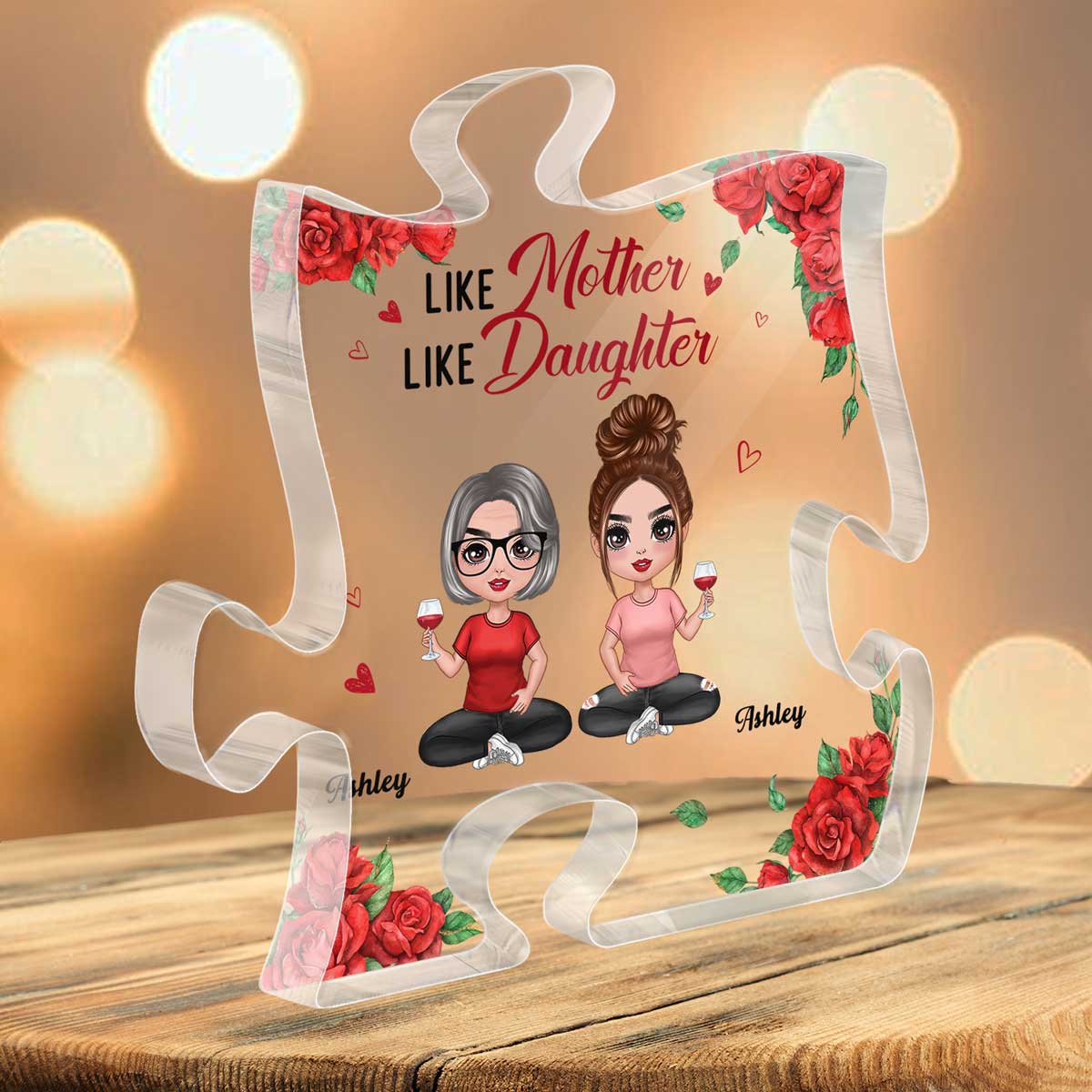 Rose Pattern Doll Mom And Daughters Sitting Gift For Mom Personalized Puzzle Acrylic Plaque - Image 3