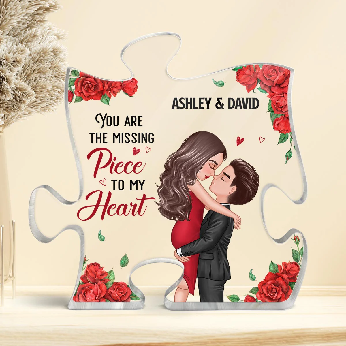 Rose Pattern You Are My Missing Piece Doll Couple Hugging Kissing Gift For Him For Her Personalized Puzzle Acrylic Plaque