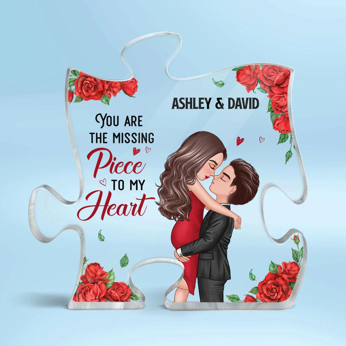 Rose Pattern You Are My Missing Piece Doll Couple Hugging Kissing Gift For Him For Her Personalized Puzzle Acrylic Plaque - Image 2