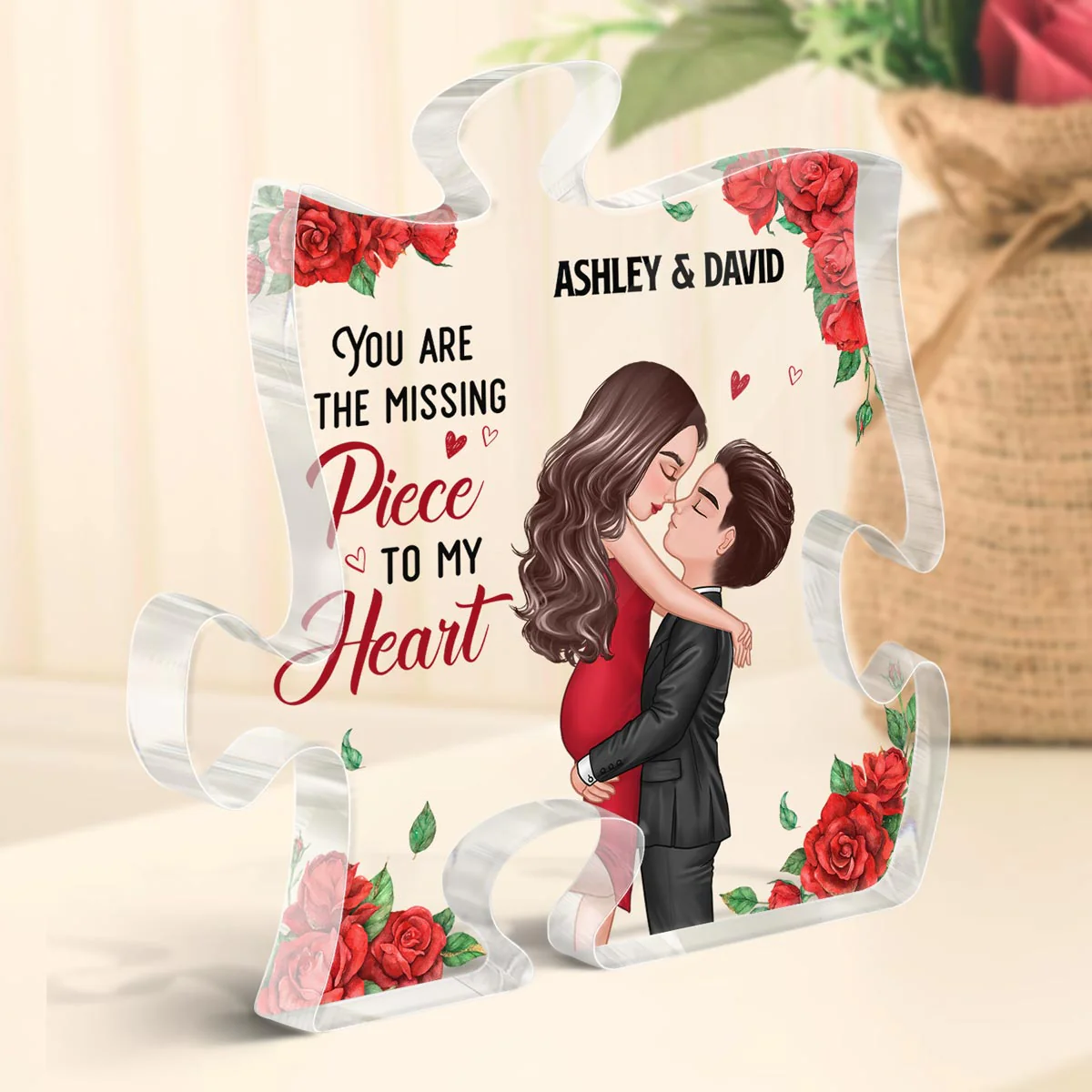 Rose Pattern You Are My Missing Piece Doll Couple Hugging Kissing Gift For Him For Her Personalized Puzzle Acrylic Plaque - Image 3
