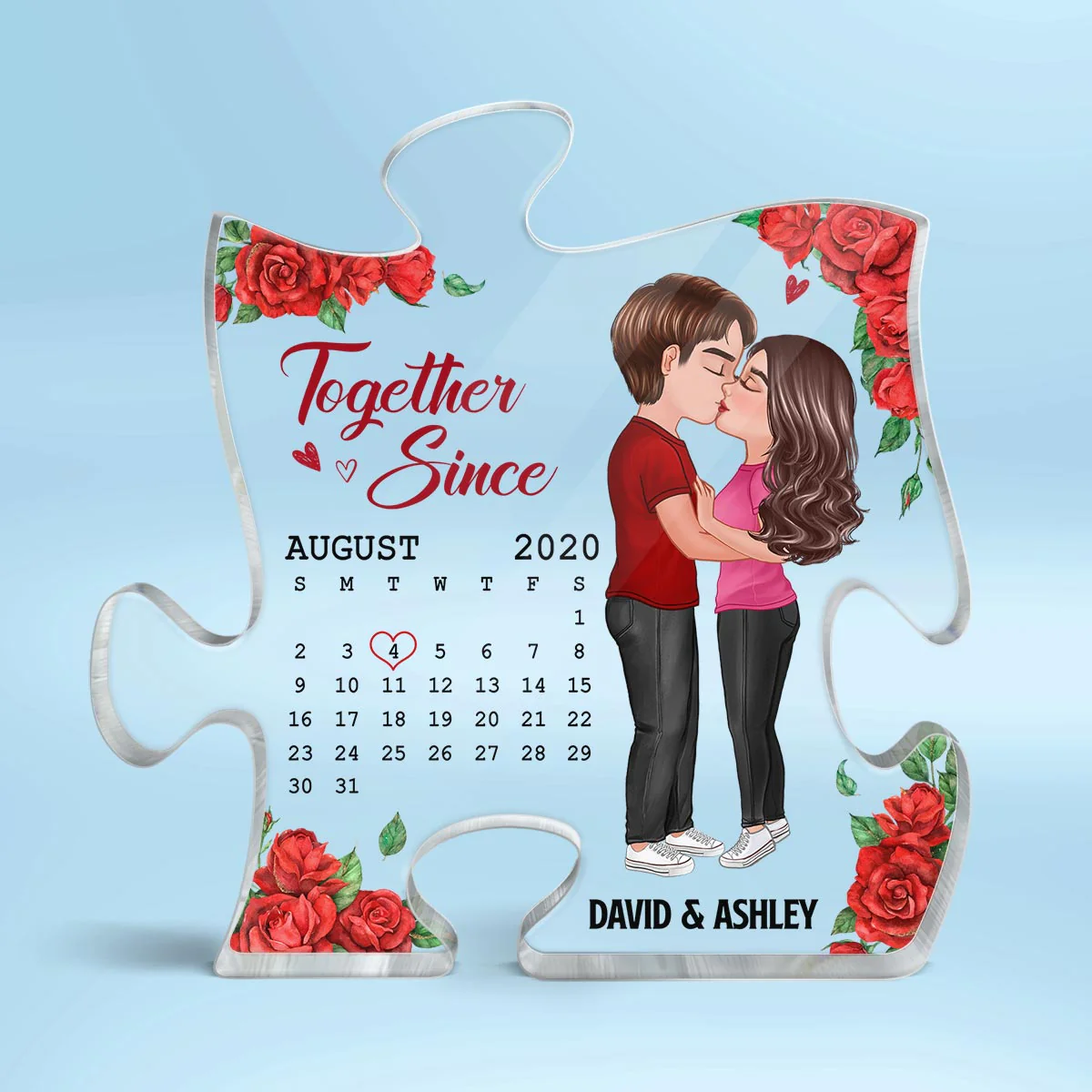 Rose Pattern You Are My Missing Piece Doll Couple Kissing Gift Calendar Anniversary Date Gift For Him For Her Personalized Puzzle Acrylic Plaque - Image 2