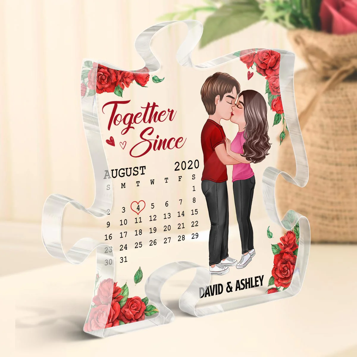 Rose Pattern You Are My Missing Piece Doll Couple Kissing Gift Calendar Anniversary Date Gift For Him For Her Personalized Puzzle Acrylic Plaque - Image 3
