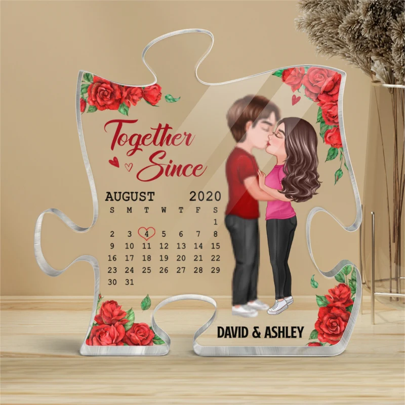 Rose Pattern You Are My Missing Piece Doll Couple Kissing Gift Calendar Anniversary Date Gift For Him For Her Personalized Puzzle Acrylic Plaque - Image 4