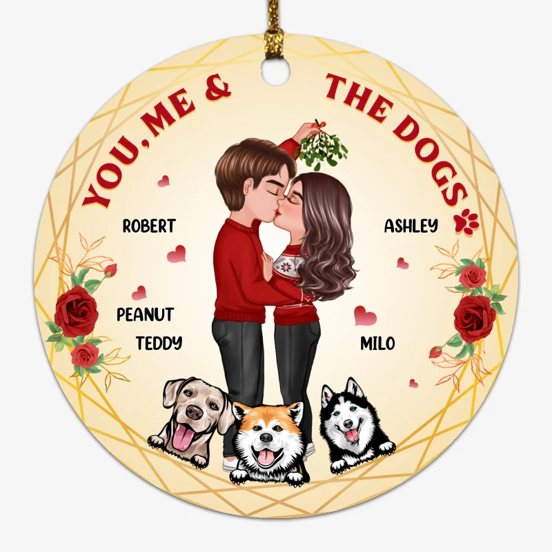 Rose Wreath Couple And Dogs Personalized Circle Ornament - Image 4
