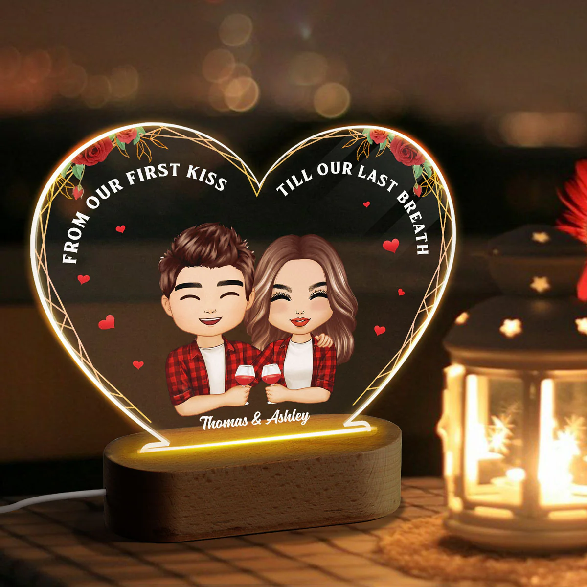 Roses Doll Couple Hugging Holding Drinks Personalized Heart Acrylic Plaque LED Night Light - Image 3