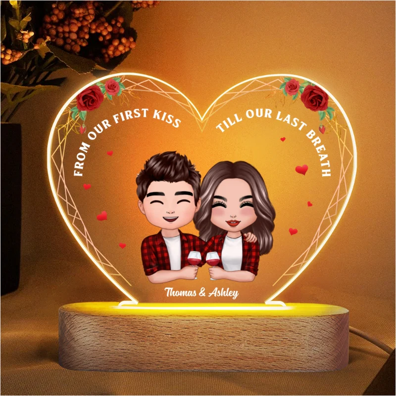 Roses Doll Couple Hugging Holding Drinks Personalized Heart Acrylic Plaque LED Night Light - Image 4