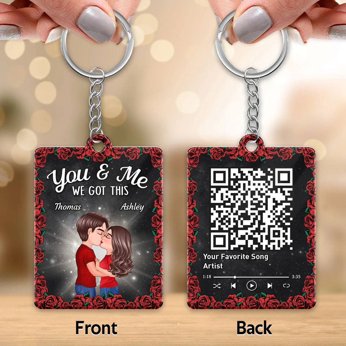 Roses Doll Couple Kissing Favorite Song Scannable QR Code Personalized Acrylic Keychain - Image 3