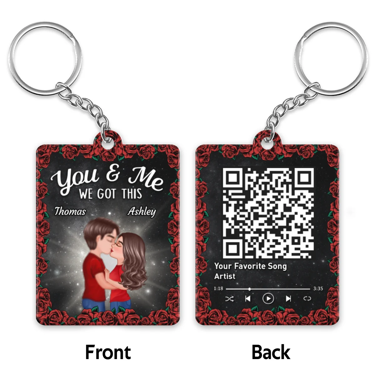 Roses Doll Couple Kissing Favorite Song Scannable QR Code Personalized Acrylic Keychain - Image 4