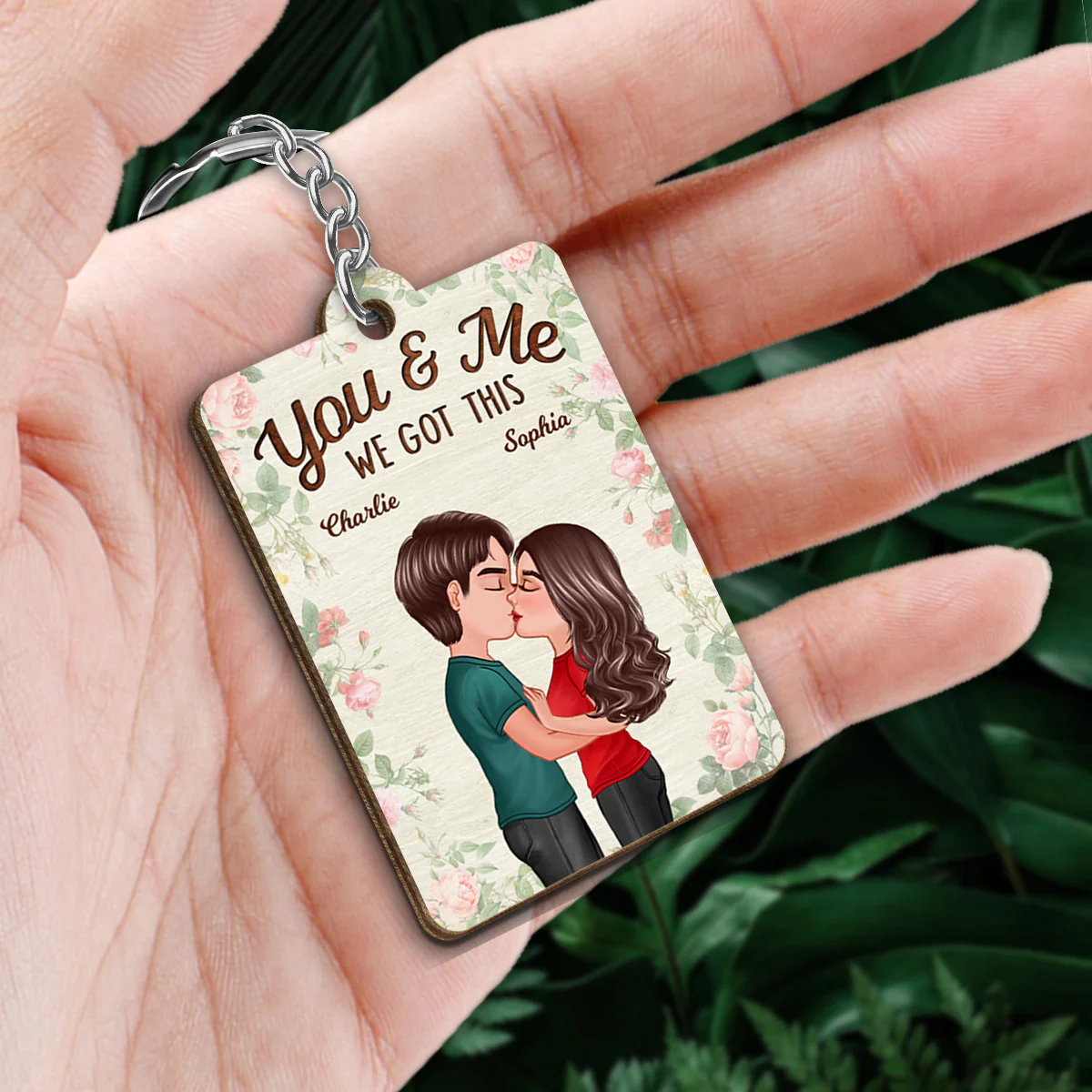 Roses Doll Couple Kissing Favorite Song Scannable QR Code Personalized Wooden Keychain - Image 2