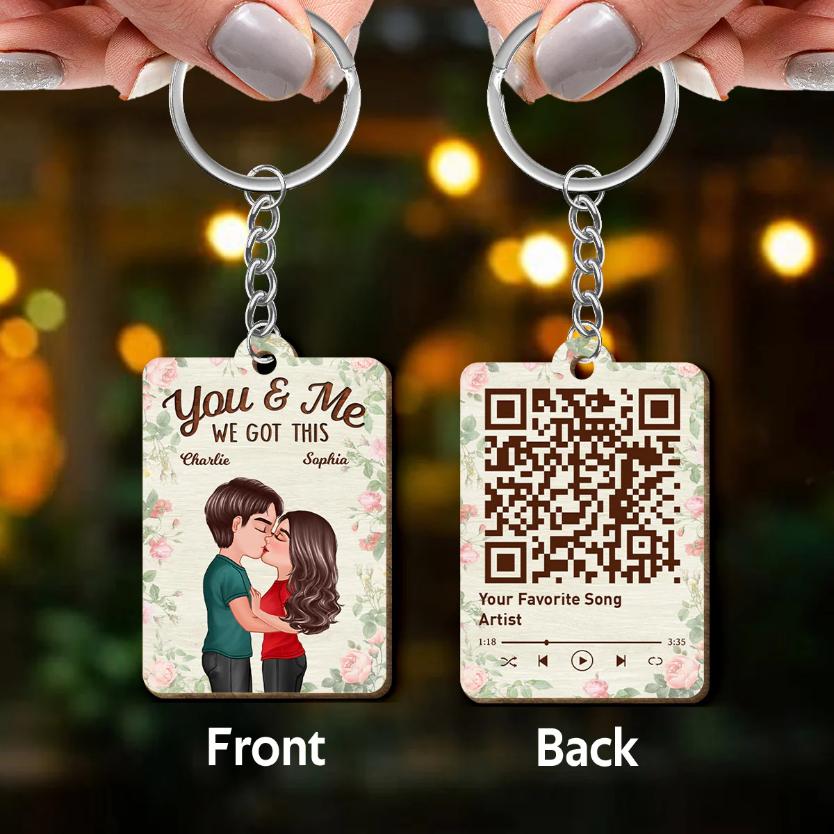 Roses Doll Couple Kissing Favorite Song Scannable QR Code Personalized Wooden Keychain - Image 3