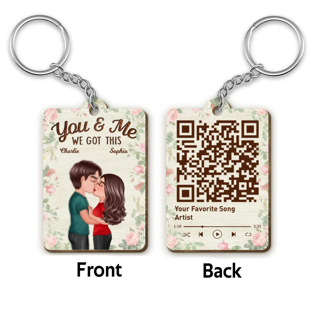Roses Doll Couple Kissing Favorite Song Scannable QR Code Personalized Wooden Keychain - Image 4