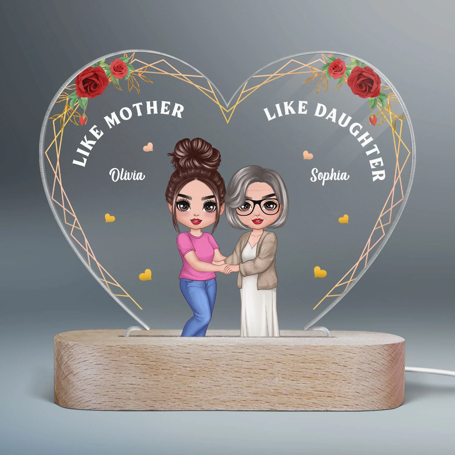 Roses Doll Mother Daughter Hugging Like Mother Like Daughter Personalized Heart Acrylic Plaque LED Night Light - Image 2