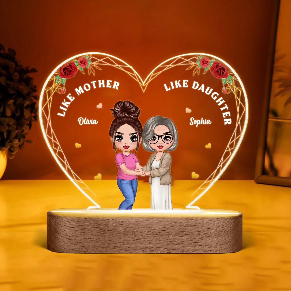 Roses Doll Mother Daughter Hugging Like Mother Like Daughter Personalized Heart Acrylic Plaque LED Night Light - Image 3