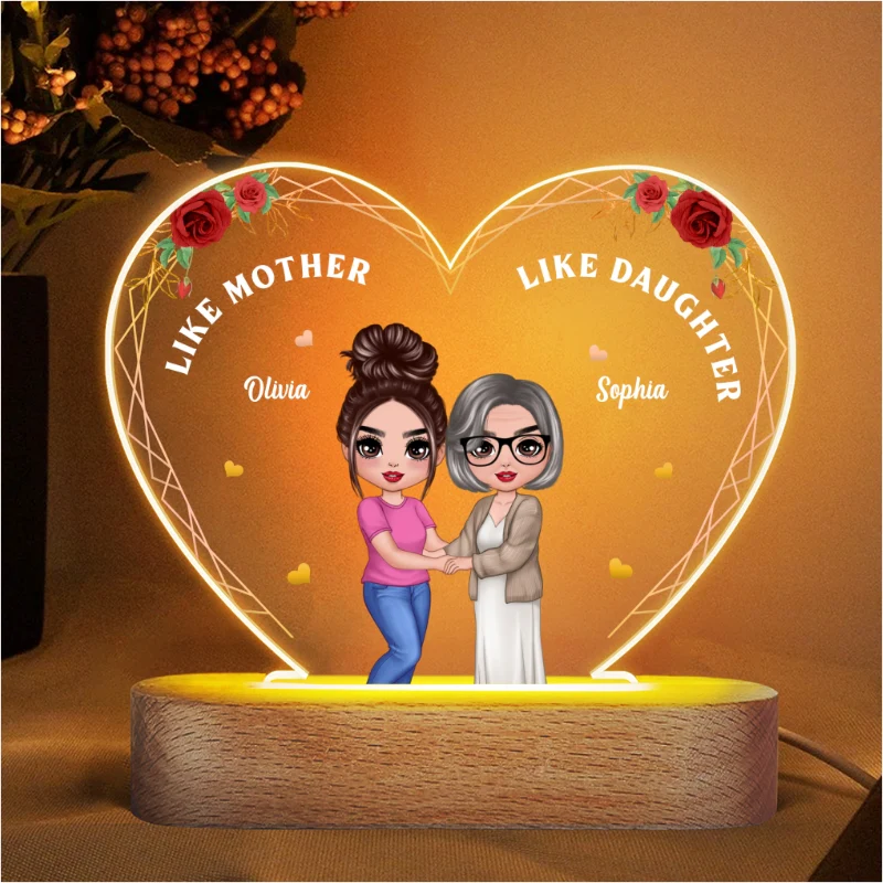 Roses Doll Mother Daughter Hugging Like Mother Like Daughter Personalized Heart Acrylic Plaque LED Night Light - Image 4