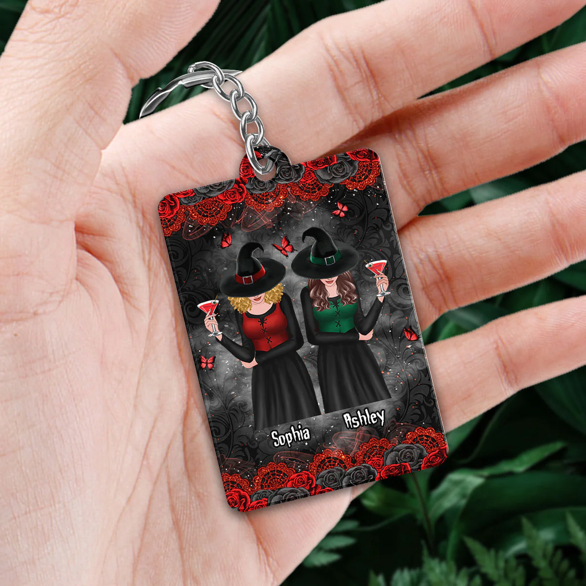Roses Halloween Front View Besties Witches Gift For Best Friends Personalized Acrylic Keychain - Image 2