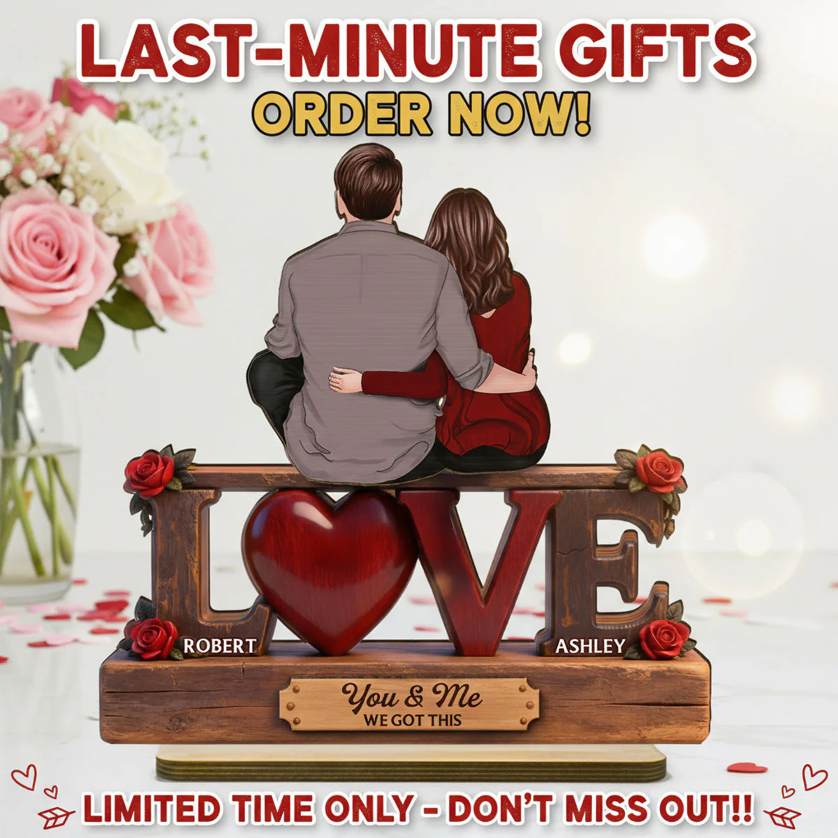 Roses LOVE Back View Couple Sitting Embracing - Personalized 2-Layered Wooden Plaque - Valentine's Day Gift For Couple, For Him, For Her - Image 8