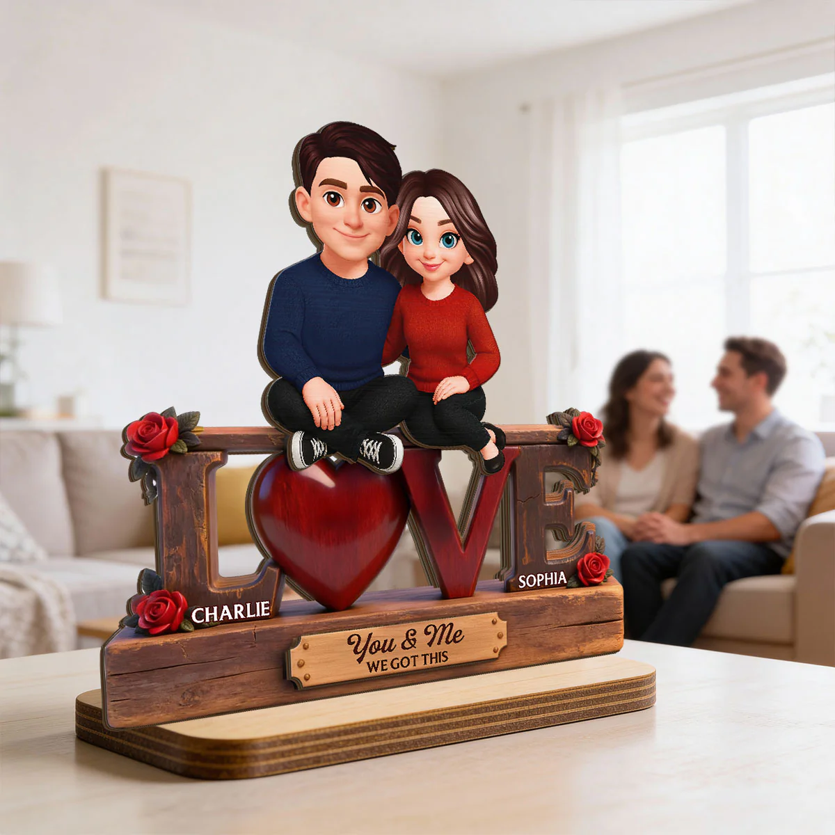 Roses LOVE Couple Sitting Embracing - Personalized 2-Layered Wooden Plaque - Valentine's Day Gift For Couple, For Him, For Her - Image 11