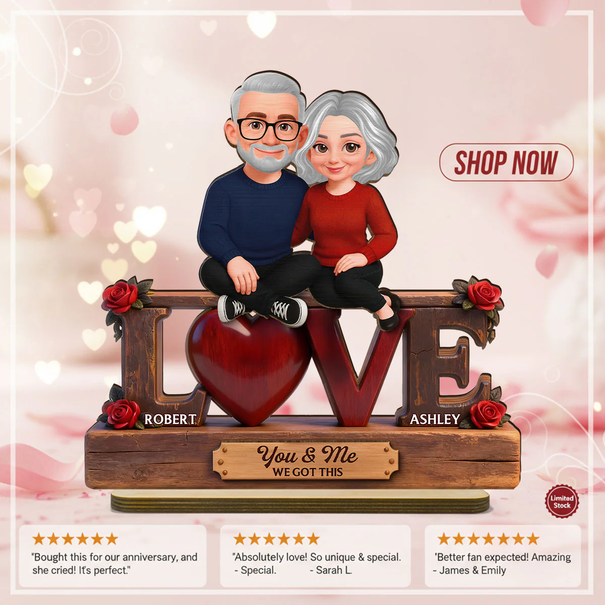 Roses LOVE Couple Sitting Embracing - Personalized 2-Layered Wooden Plaque - Valentine's Day Gift For Couple, For Him, For Her - Image 12