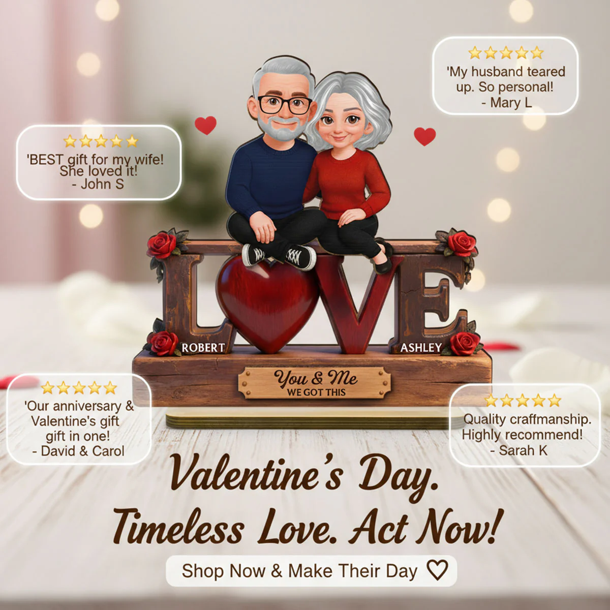 Roses LOVE Couple Sitting Embracing - Personalized 2-Layered Wooden Plaque - Valentine's Day Gift For Couple, For Him, For Her - Image 16