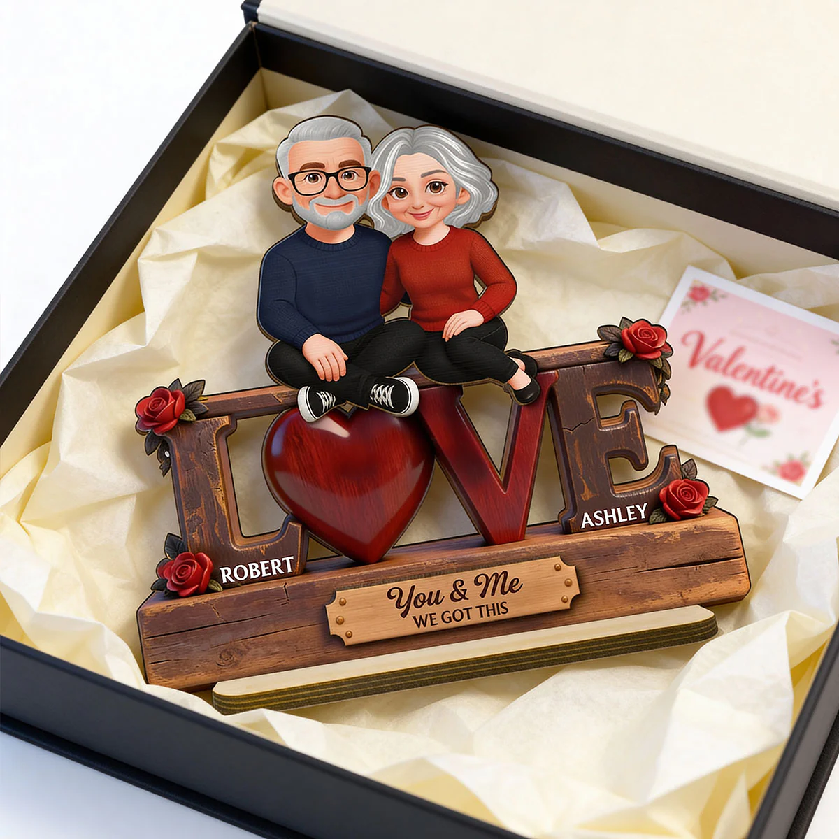 Roses LOVE Couple Sitting Embracing - Personalized 2-Layered Wooden Plaque - Valentine's Day Gift For Couple, For Him, For Her - Image 2