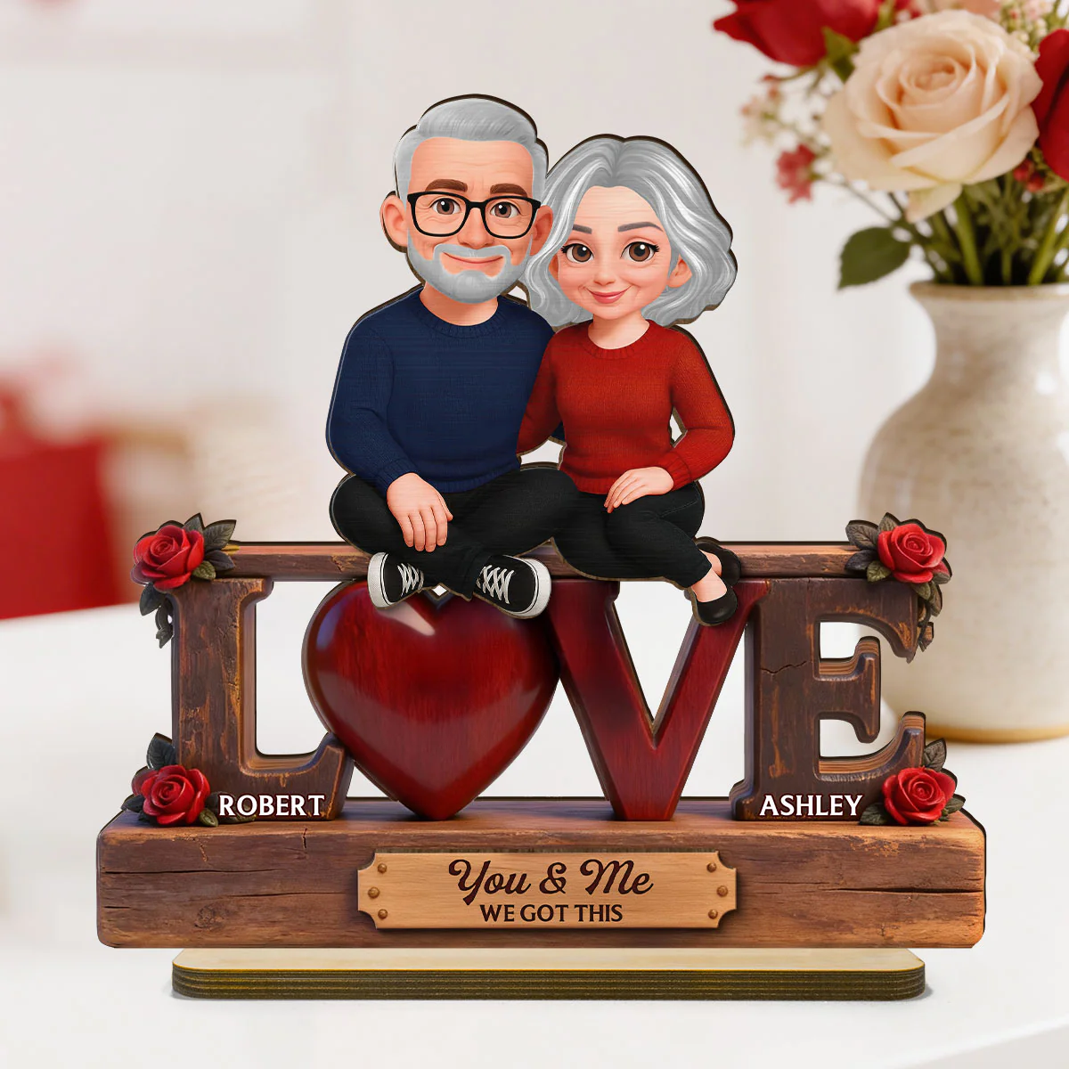 Roses LOVE Couple Sitting Embracing - Personalized 2-Layered Wooden Plaque - Valentine's Day Gift For Couple, For Him, For Her - Image 4