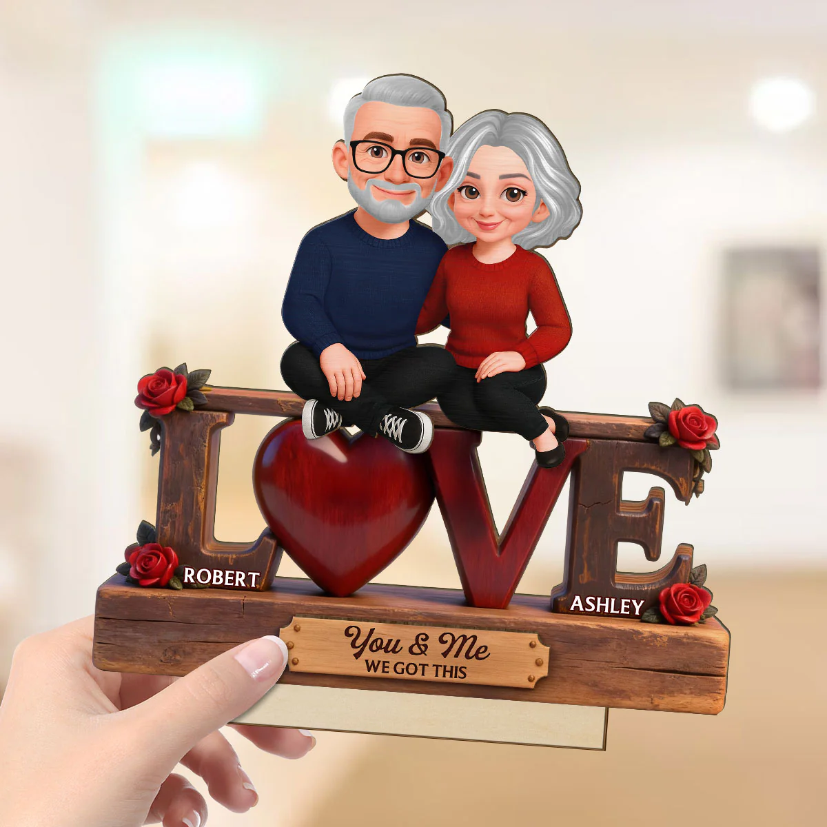 Roses LOVE Couple Sitting Embracing - Personalized 2-Layered Wooden Plaque - Valentine's Day Gift For Couple, For Him, For Her - Image 5