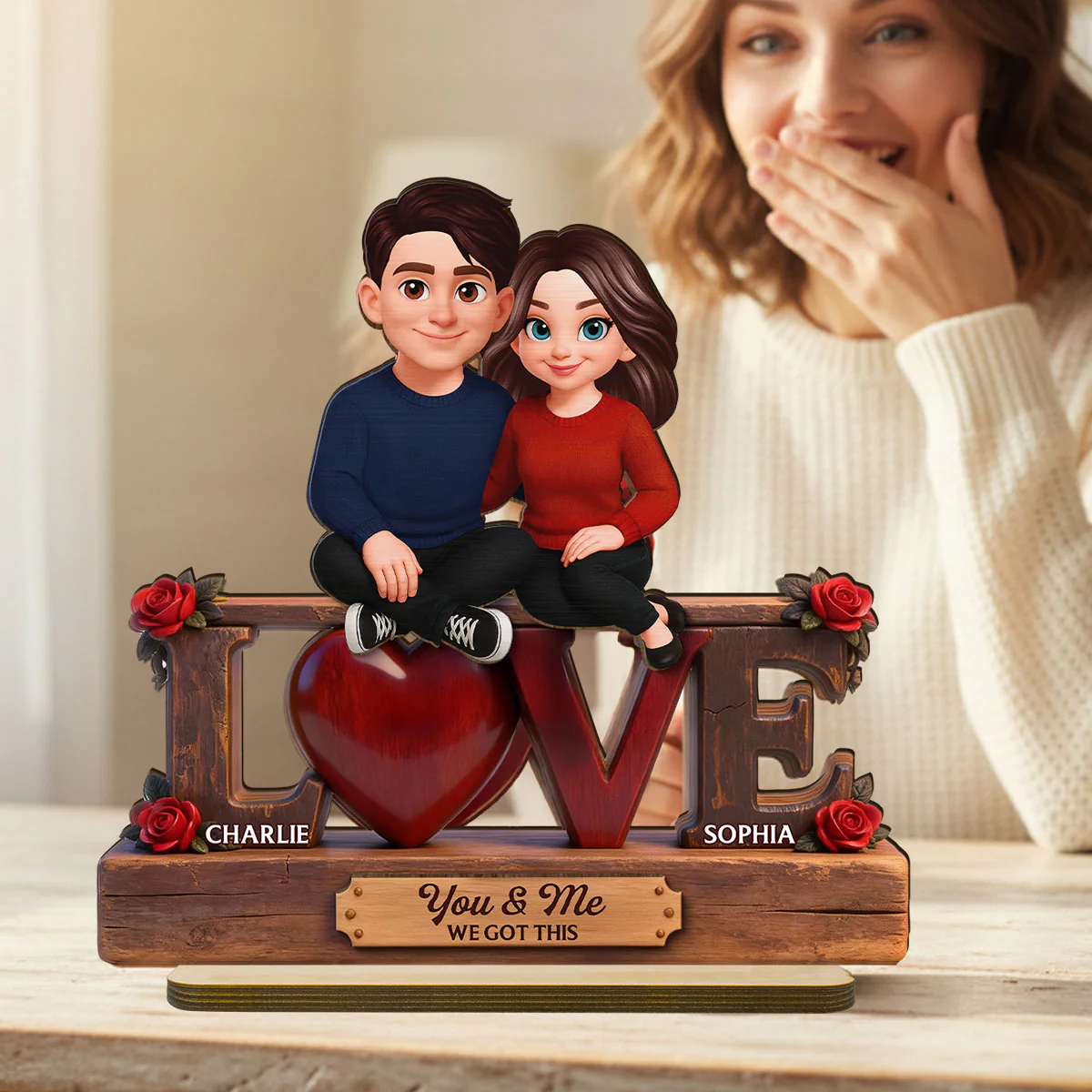 Roses LOVE Couple Sitting Embracing - Personalized 2-Layered Wooden Plaque - Valentine's Day Gift For Couple, For Him, For Her - Image 6