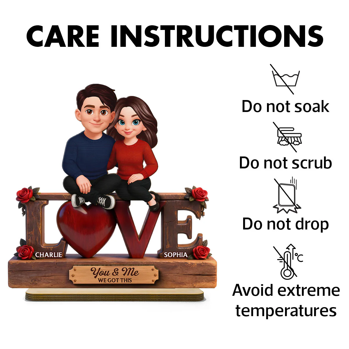 Roses LOVE Couple Sitting Embracing - Personalized 2-Layered Wooden Plaque - Valentine's Day Gift For Couple, For Him, For Her - Image 9